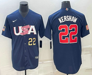 Men%27s USA Baseball #22 Clayton Kershaw Number 2023 Navy World Baseball Classic Stitched Jersey